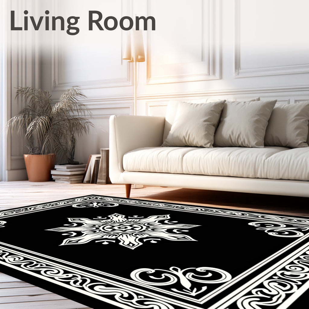 Elegant Black White Medallion Border Rug