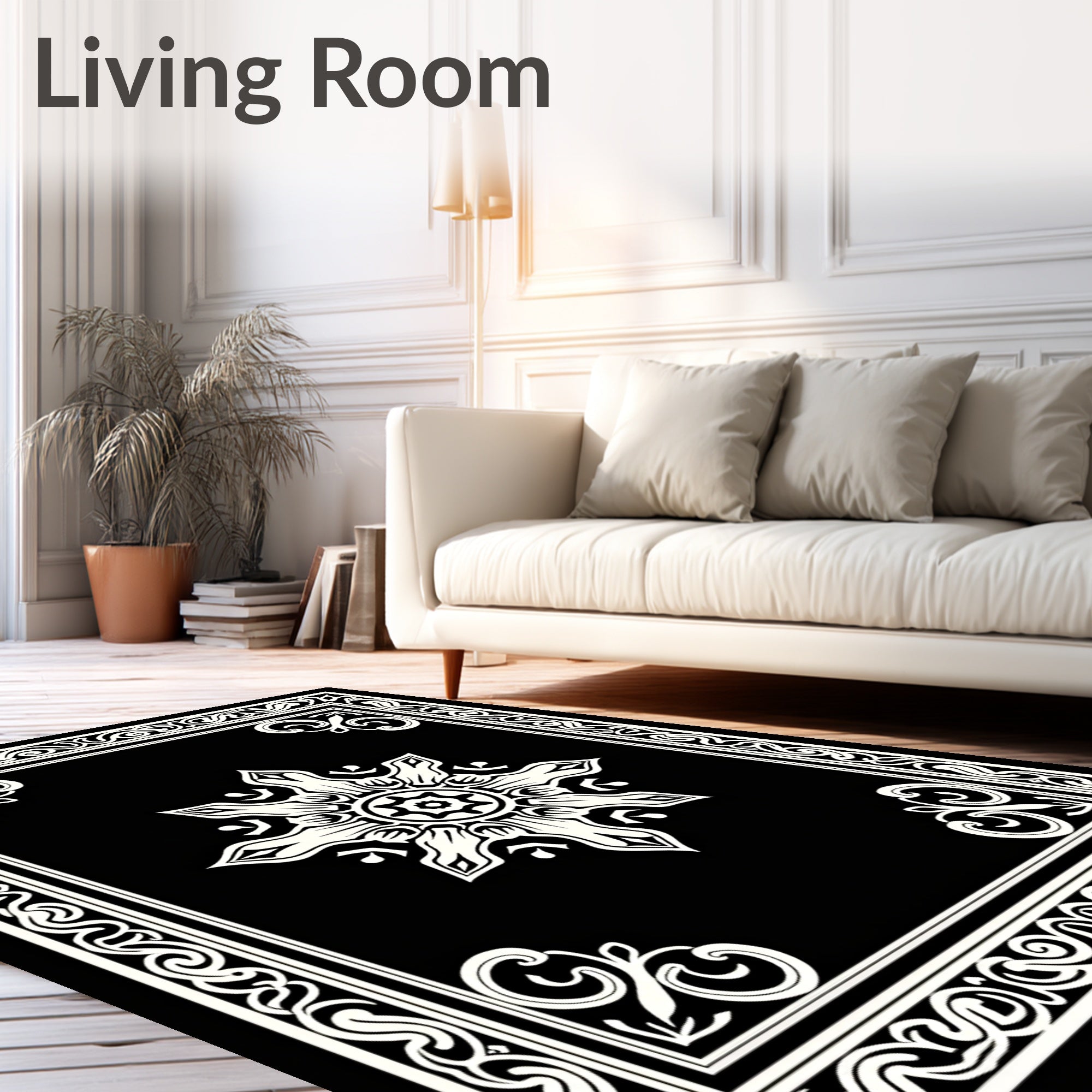 Elegant Black White Medallion Border Rug
