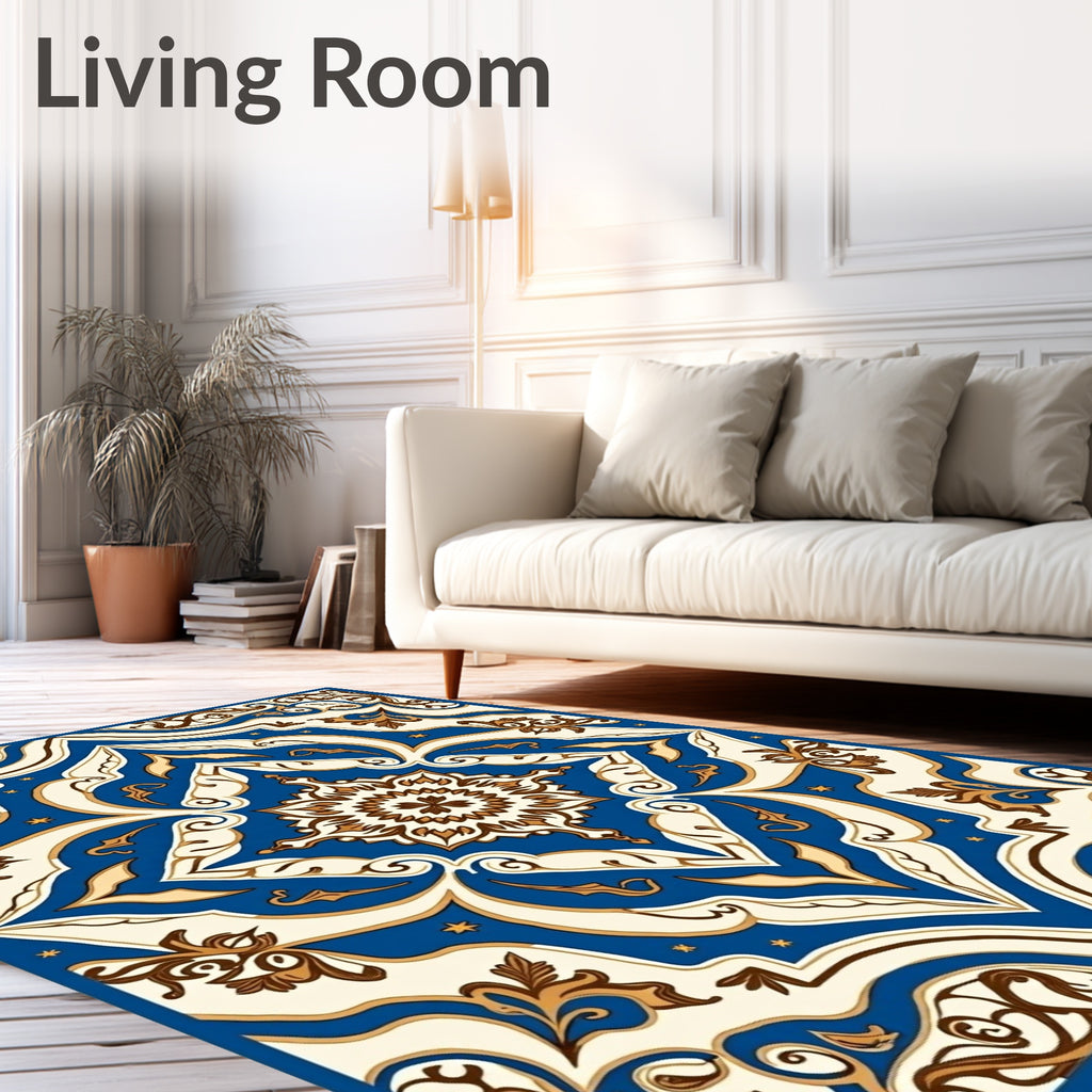 Royal Blue Cream Brown Medallion Tile Rug