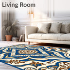 Royal Blue Cream Brown Medallion Tile Rug