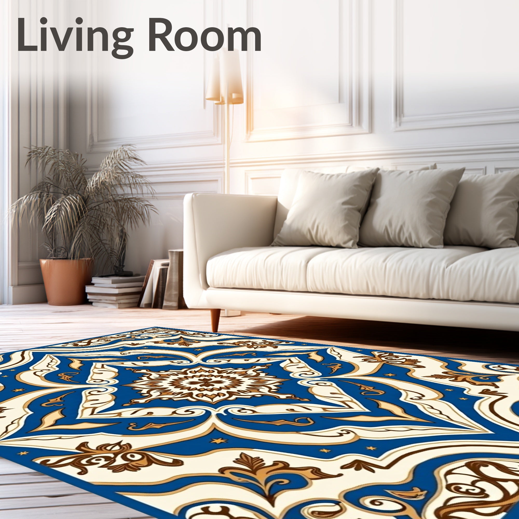 Royal Blue Cream Brown Medallion Tile Rug
