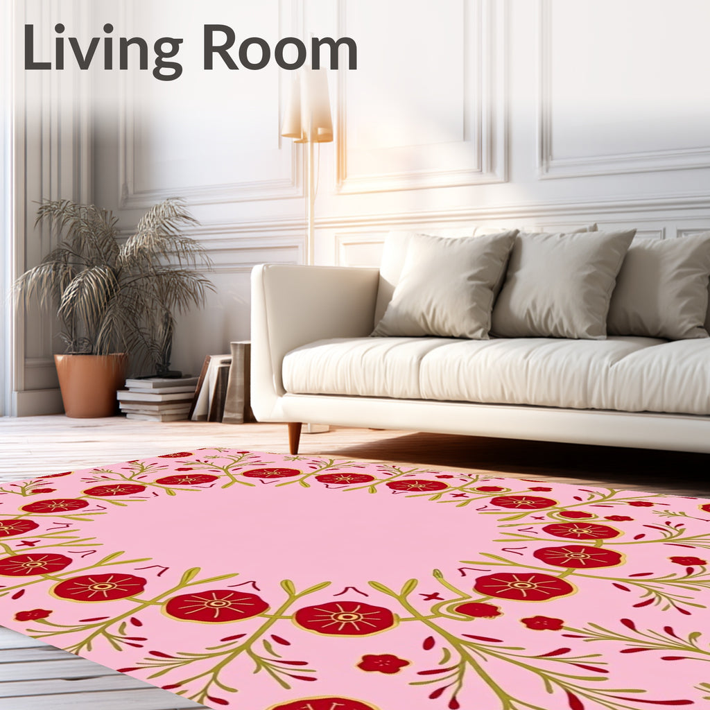 Crimson Red Floral Vines Pink Rug