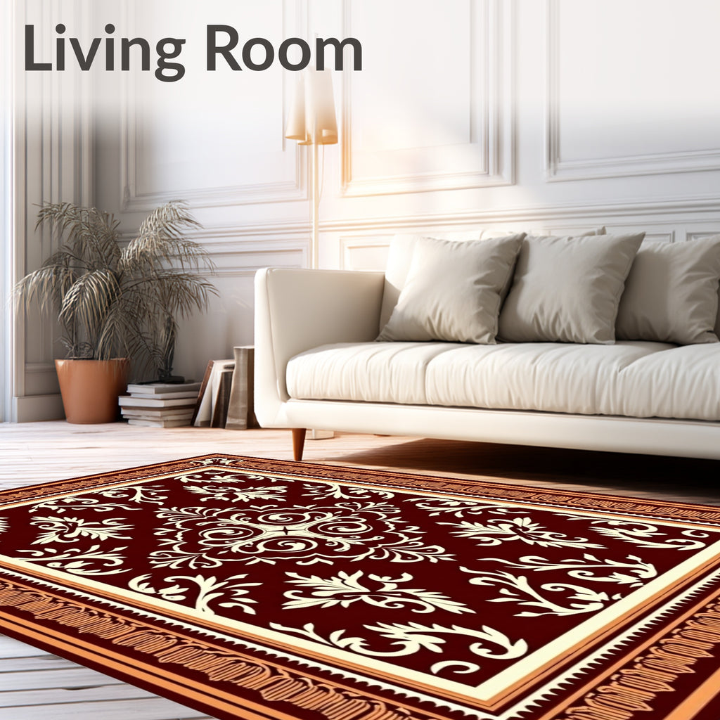 Rich Burgundy Cream Floral Frame Rug