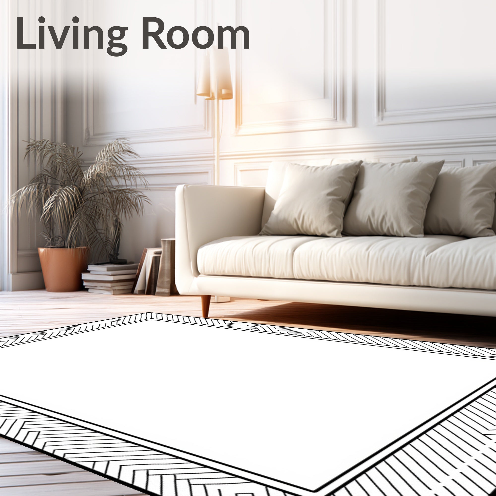 Geometric Black White Herringbone Border Rug
