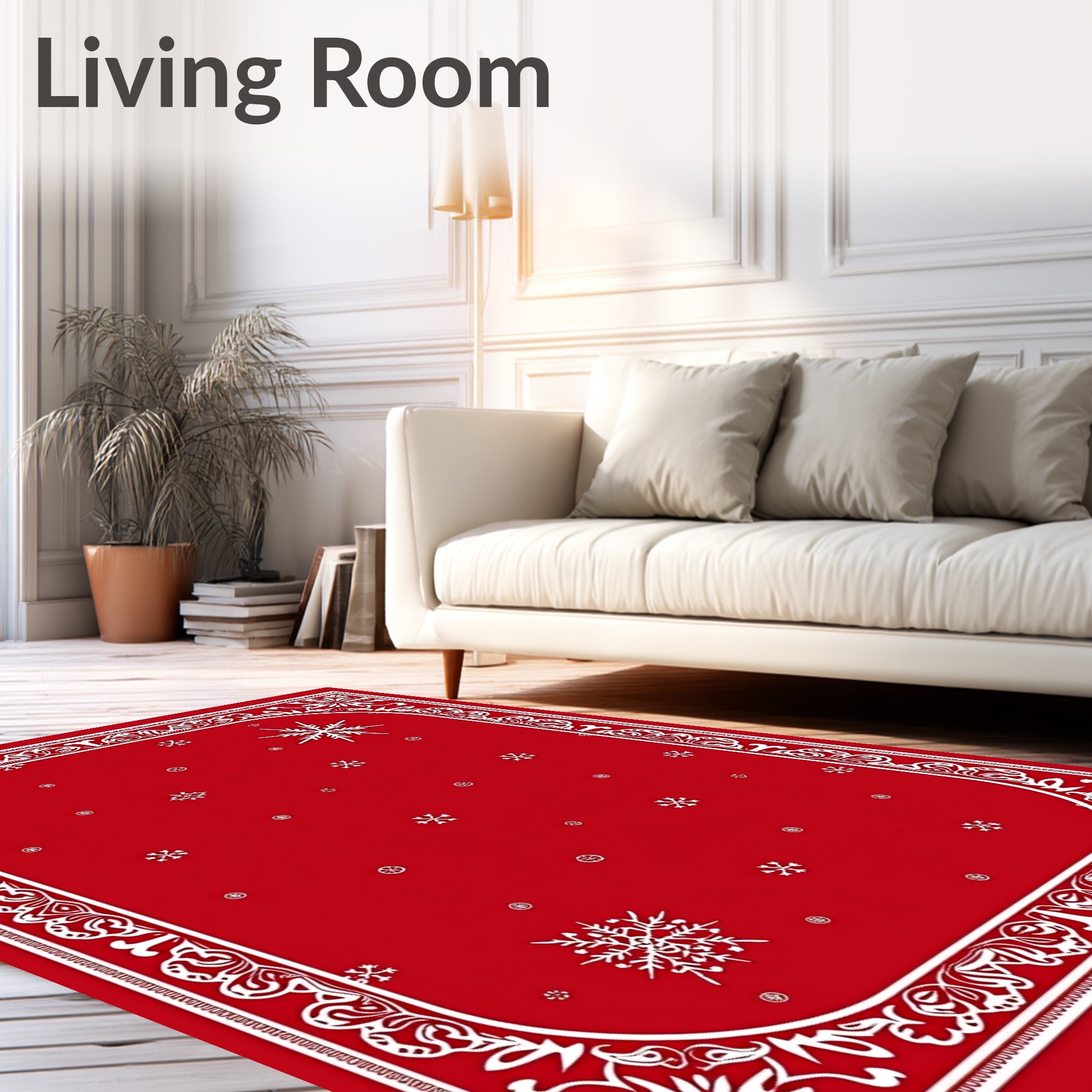Crimson White Snowflake Border Rug
