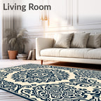Damask Navy Cream Floral Medallion Rug