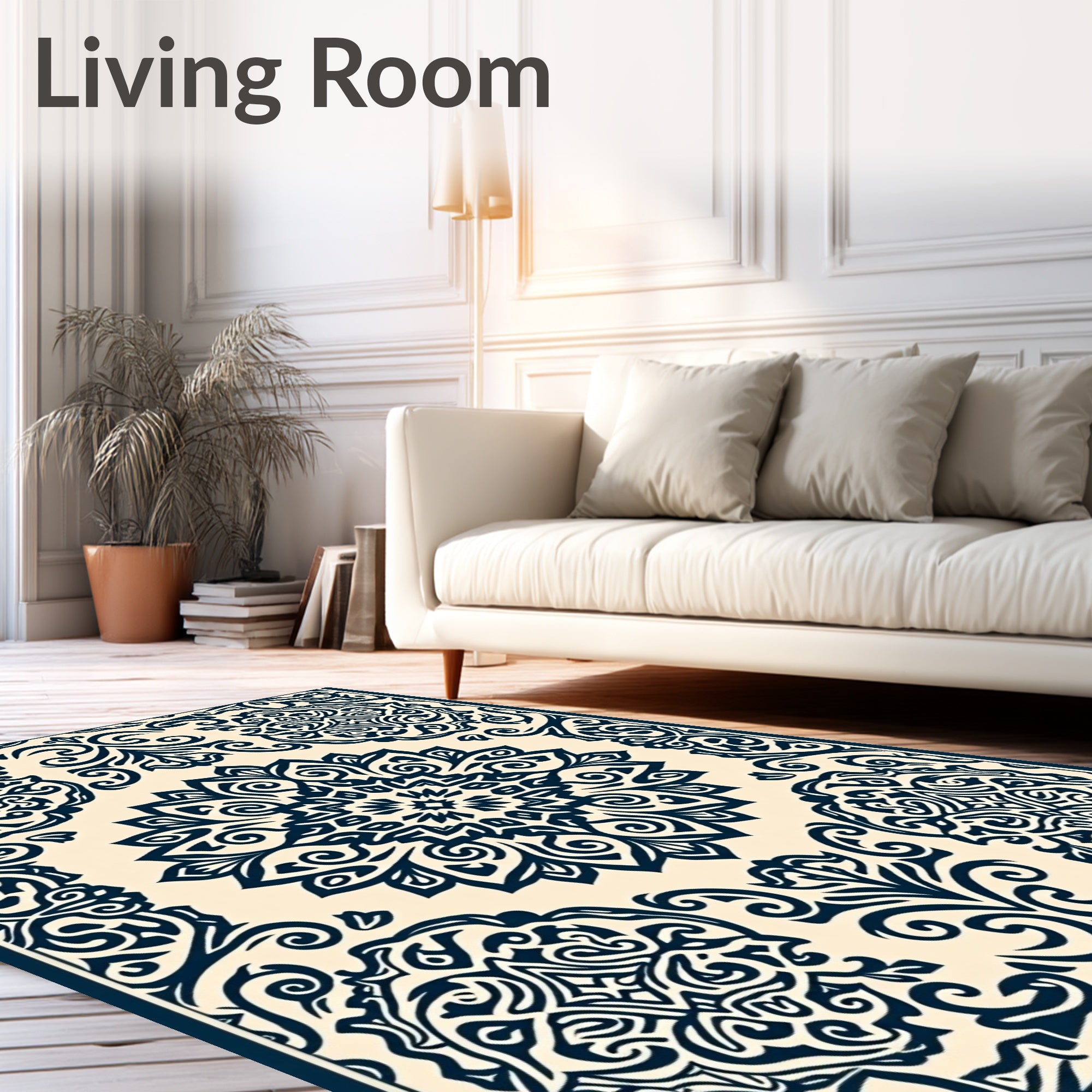 Damask Navy Cream Floral Medallion Rug