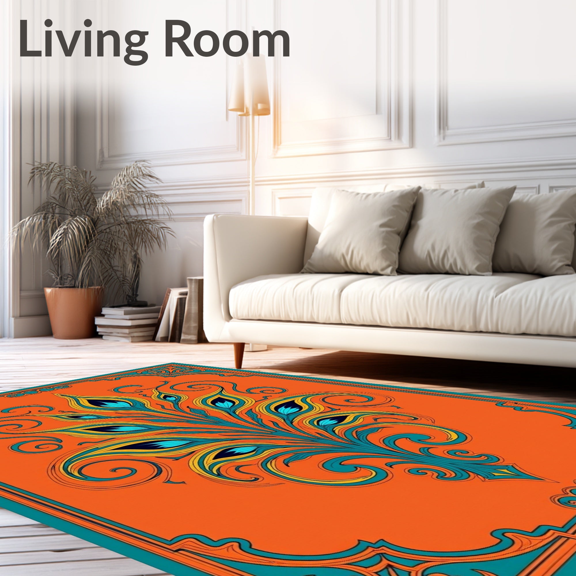 Vibrant Teal Peacock Feather Medallion Rug
