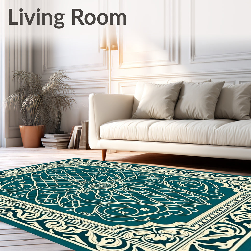 Teal and Cream Vintage Scroll Border Rug