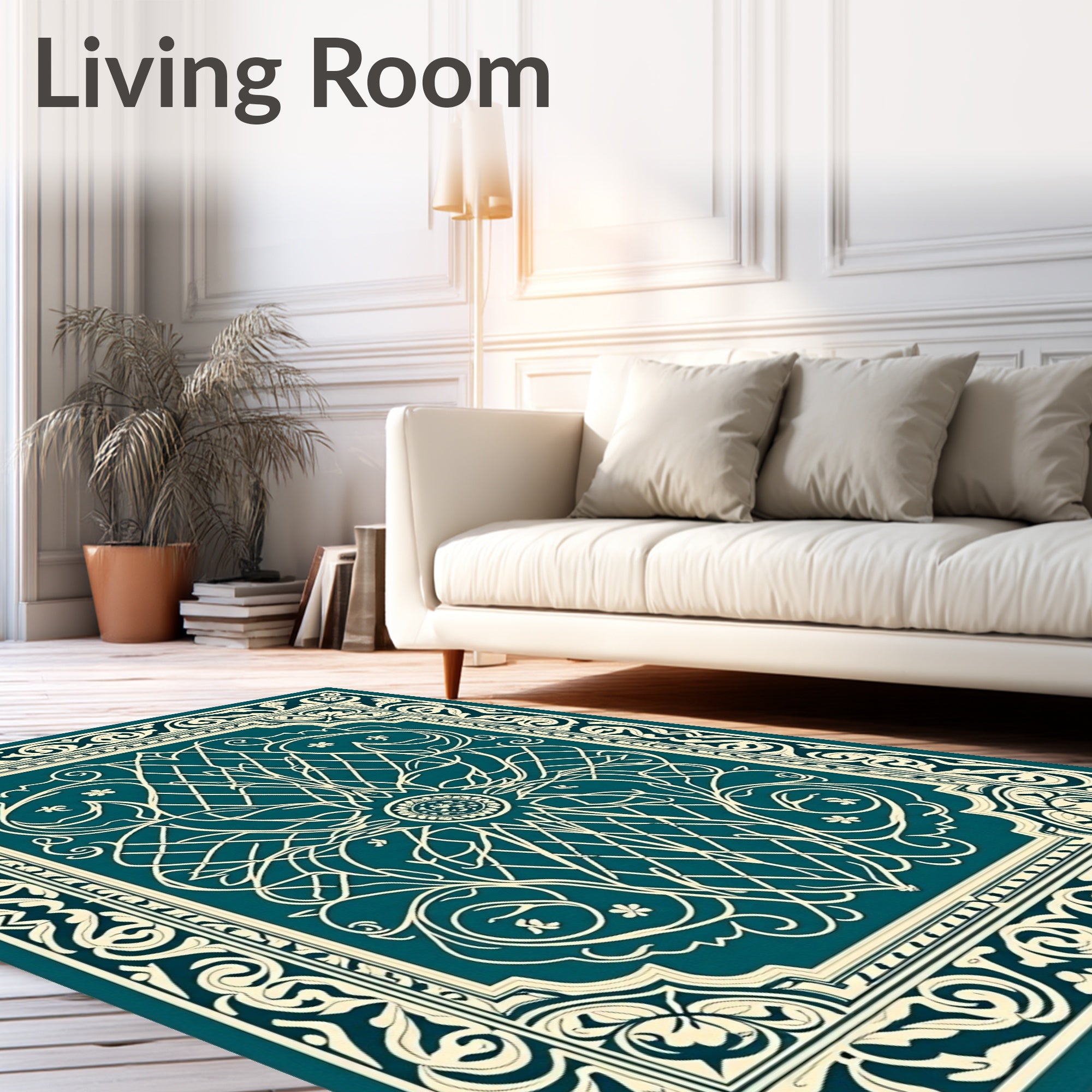 Teal and Cream Vintage Scroll Border Rug