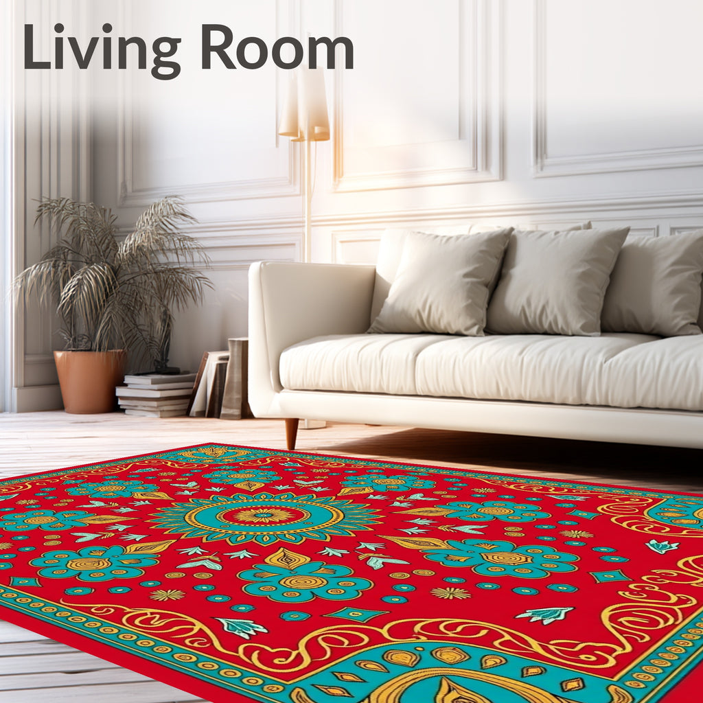 Vibrant Red Teal Floral Mandala Rug