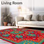 Vibrant Red Teal Floral Mandala Rug