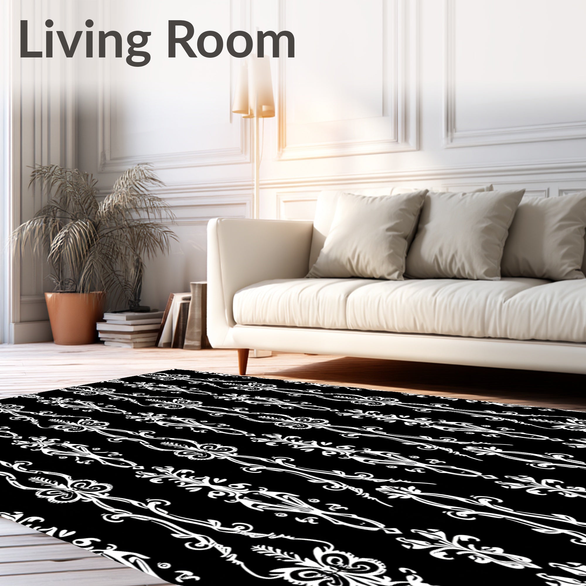 Black White Ornate Regal Vertical Stripes Rug