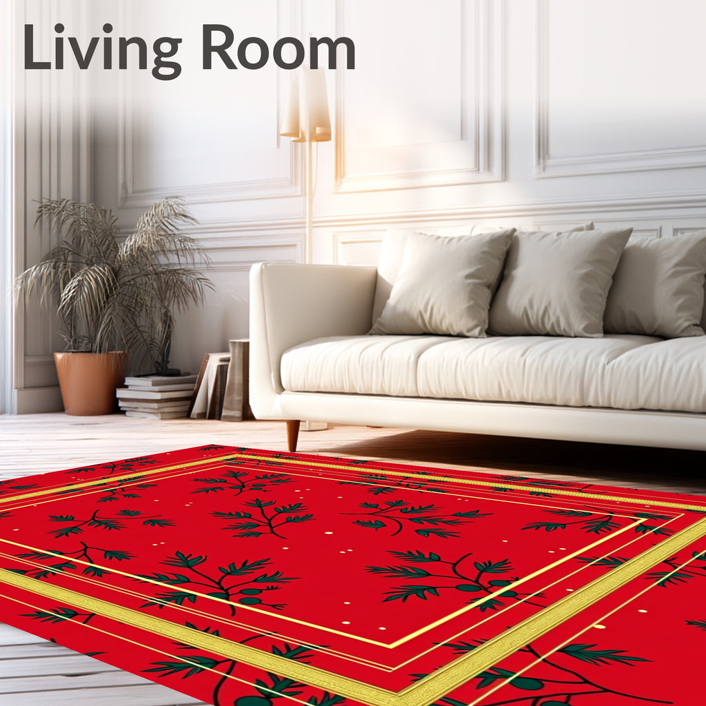 Festive Red Green Berry Branch Frame Rug