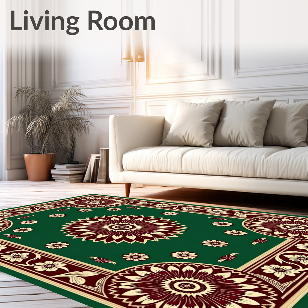 Deep Green Floral Medallion Border Rug