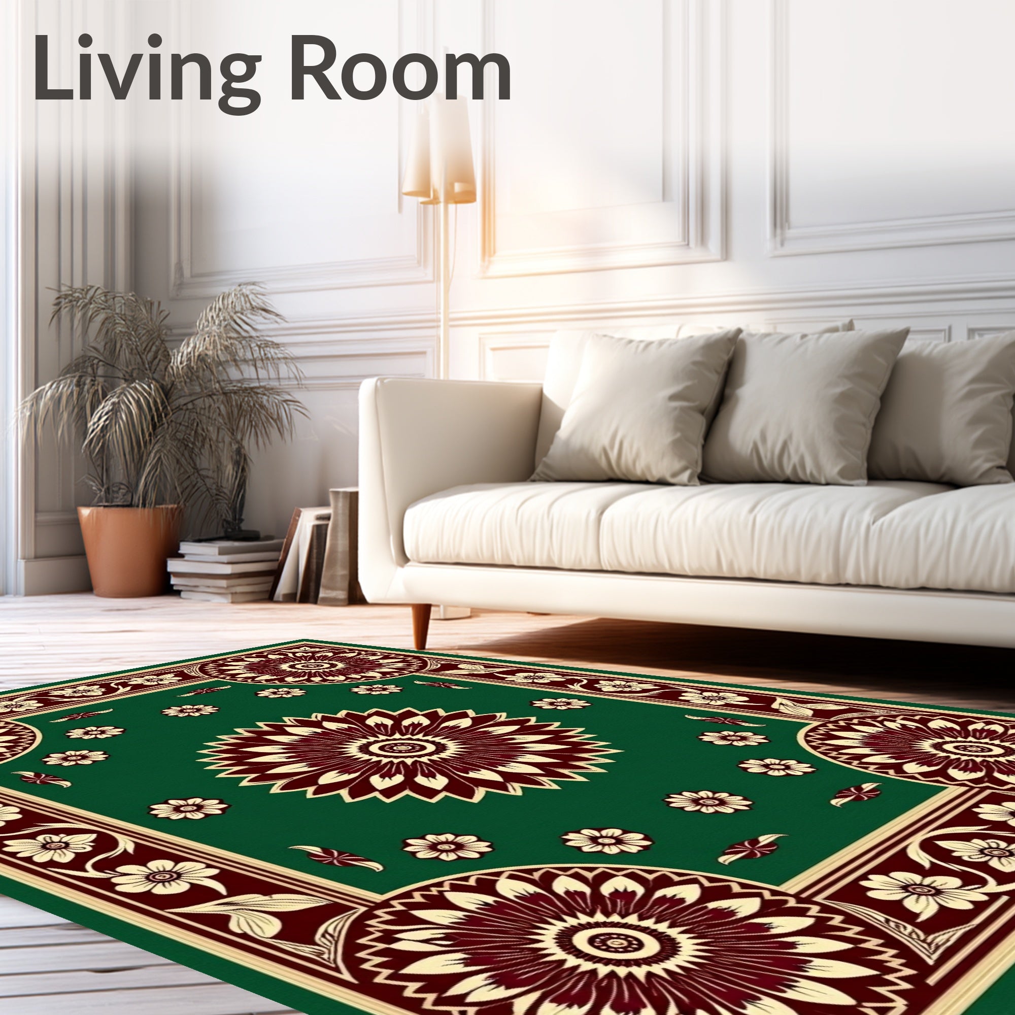 Deep Green Floral Medallion Border Rug