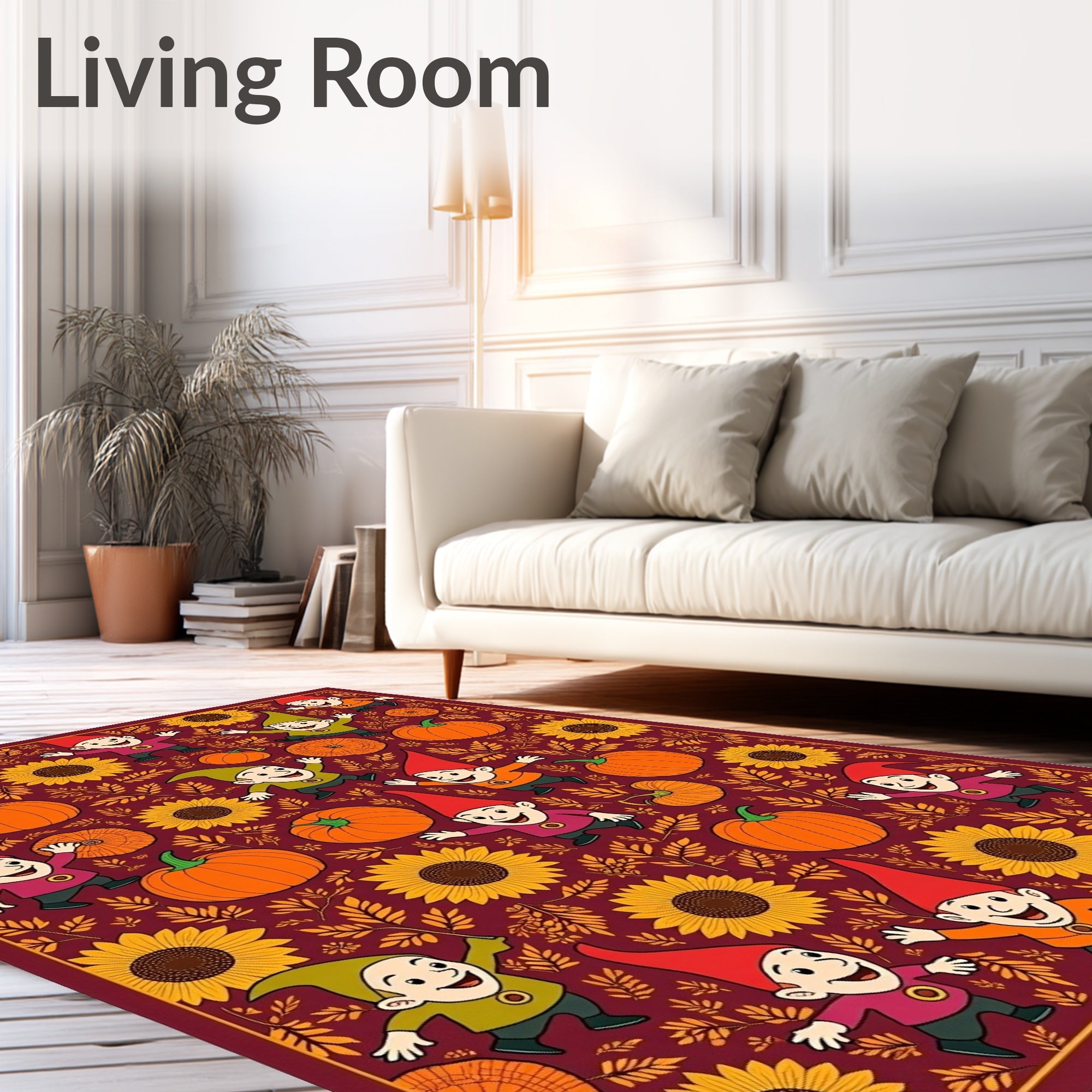 Joyful Gnomes Autumn Sunflowers Pumpkin Patch Rug