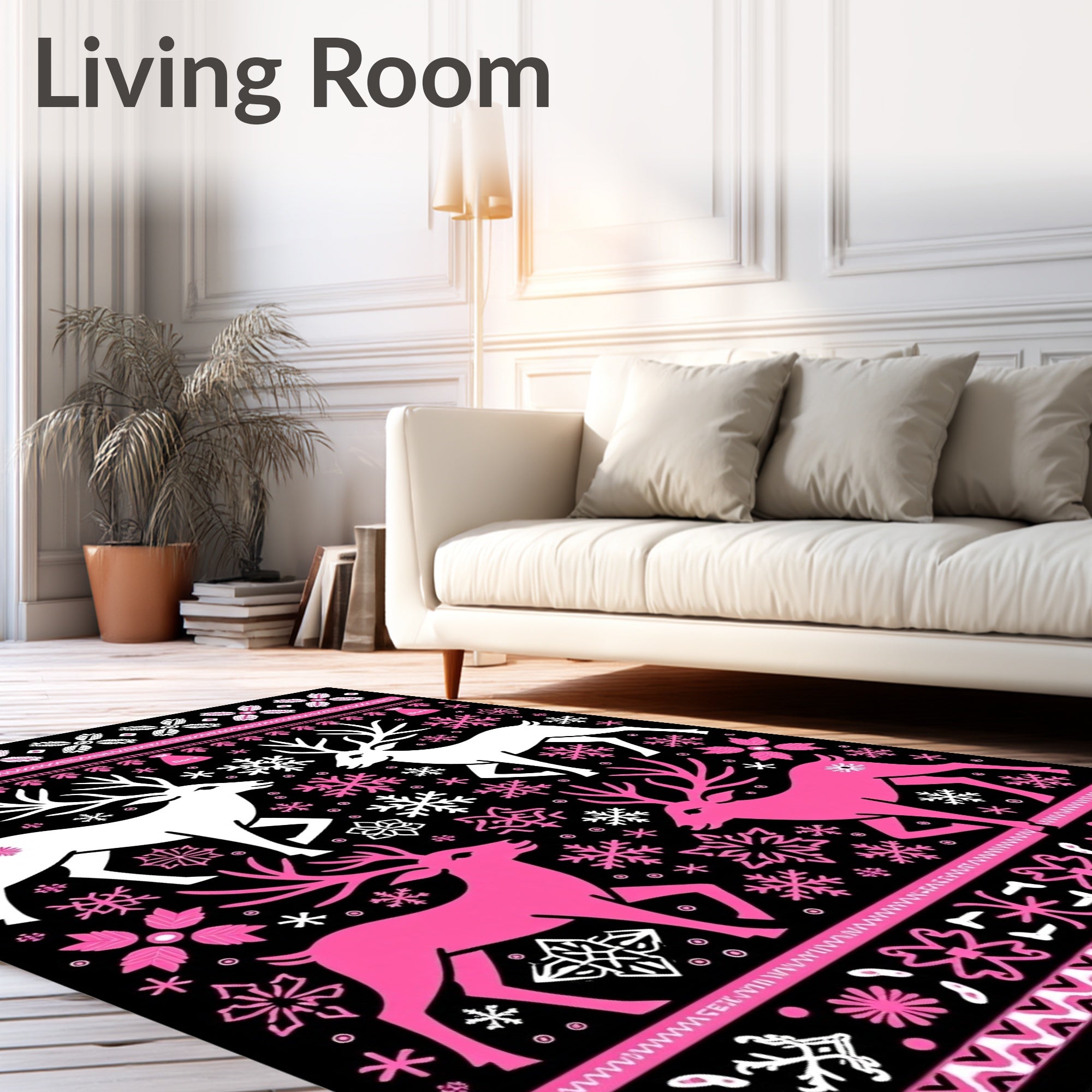 Pink White Deer Snowflake Nordic Rug