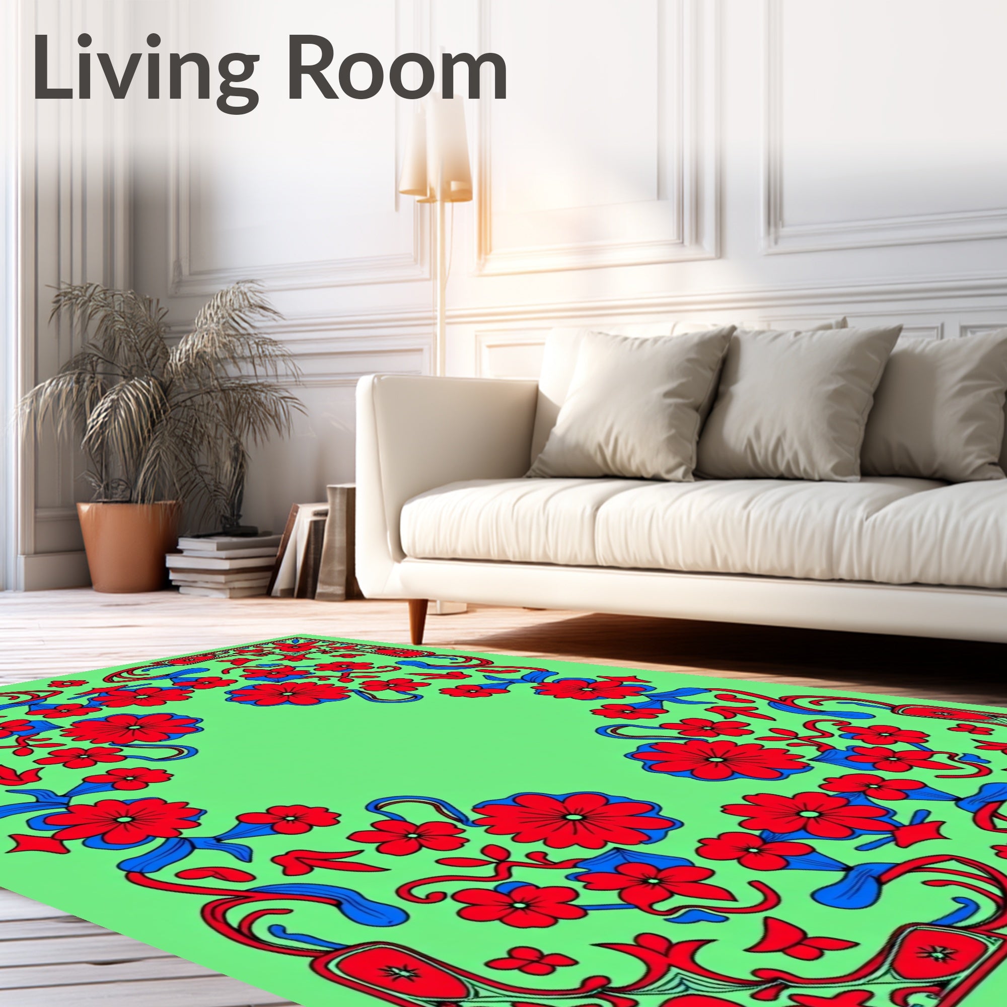Vibrant Red Blue Floral Bloom Rug