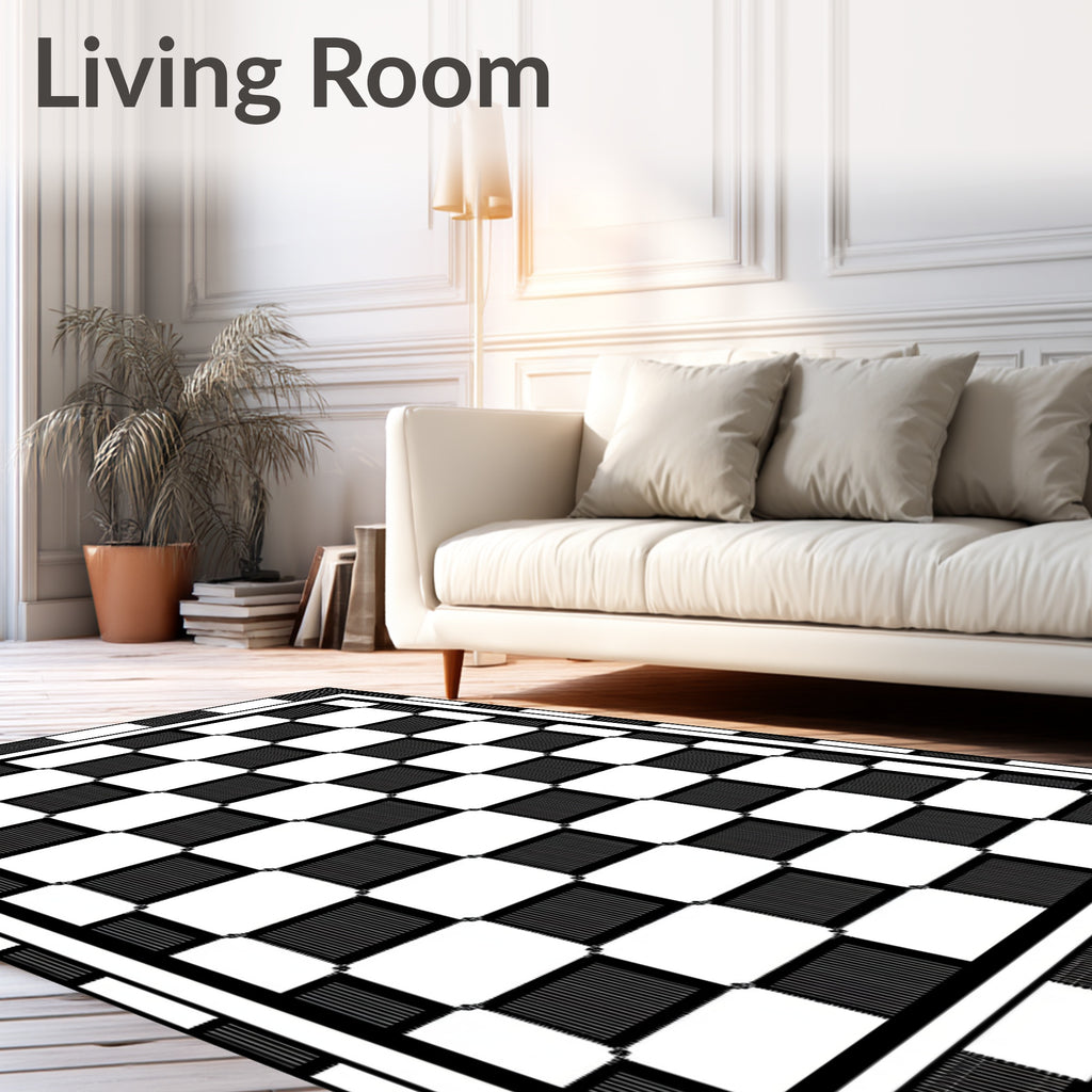 Black White Checkerboard Grid Border Rug