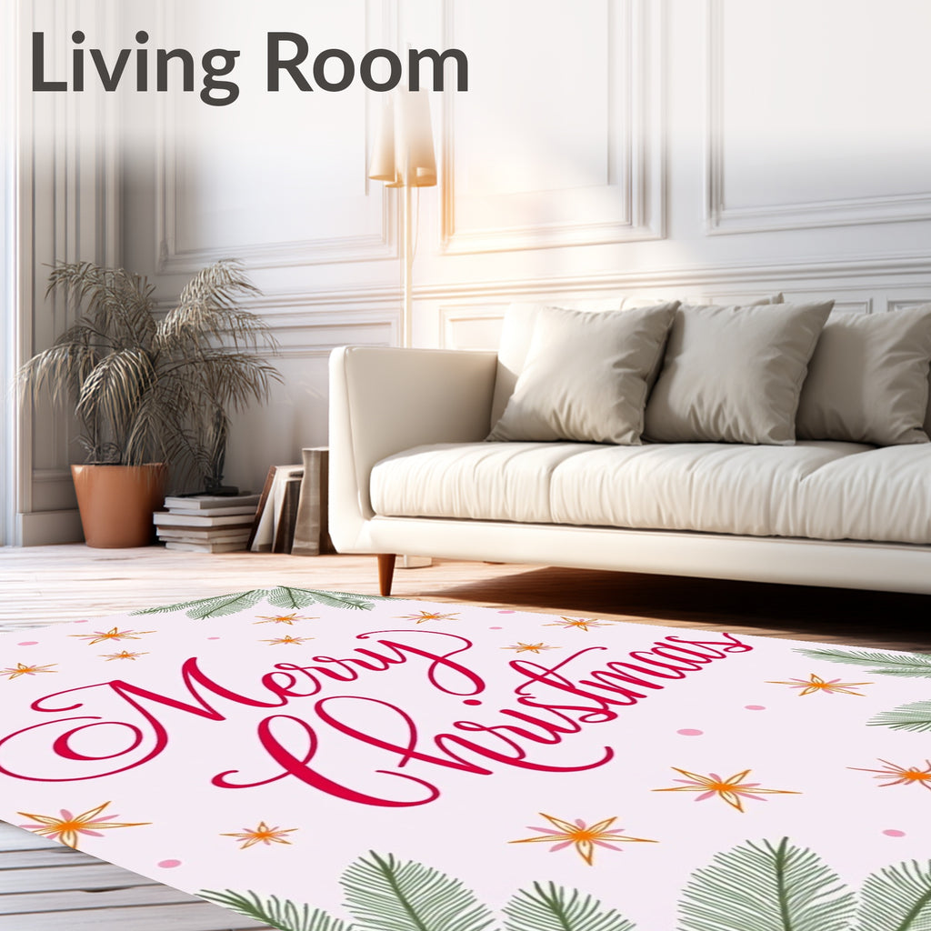 Festive Red Script Stars Pine Sprigs Rug