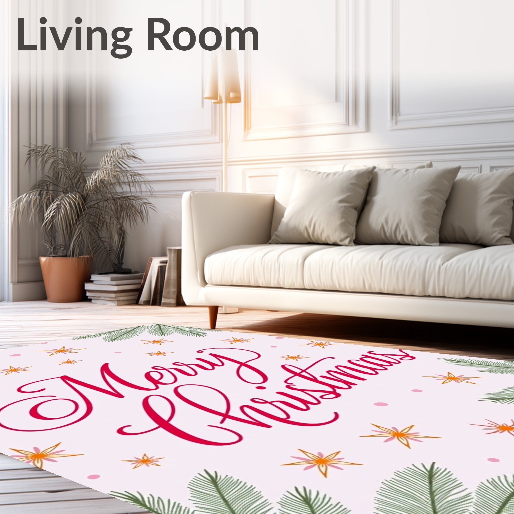 Festive Red Script Stars Pine Sprigs Rug