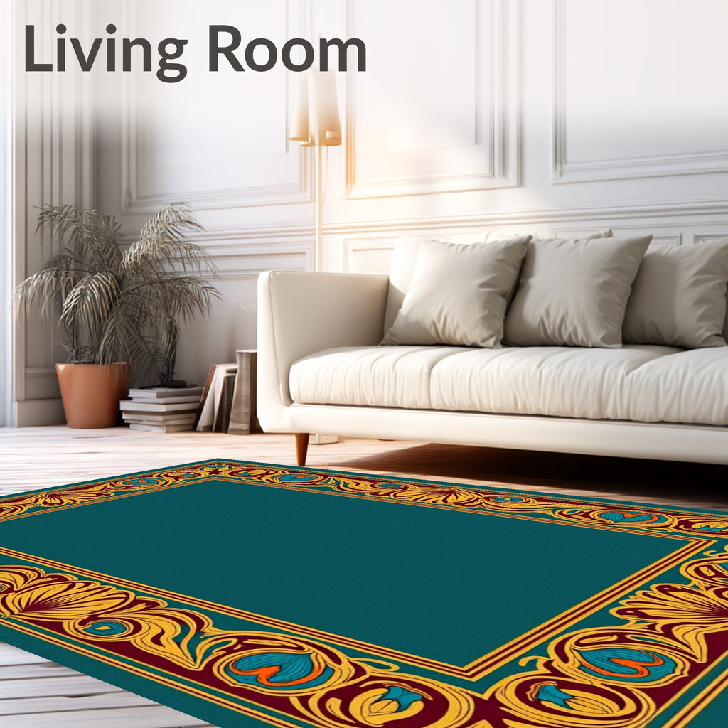 Art Nouveau Teal Floral Border Rug