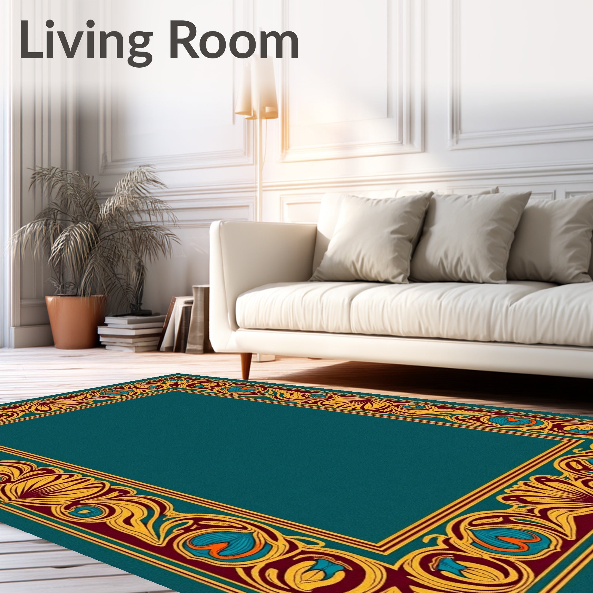 Art Nouveau Teal Floral Border Rug