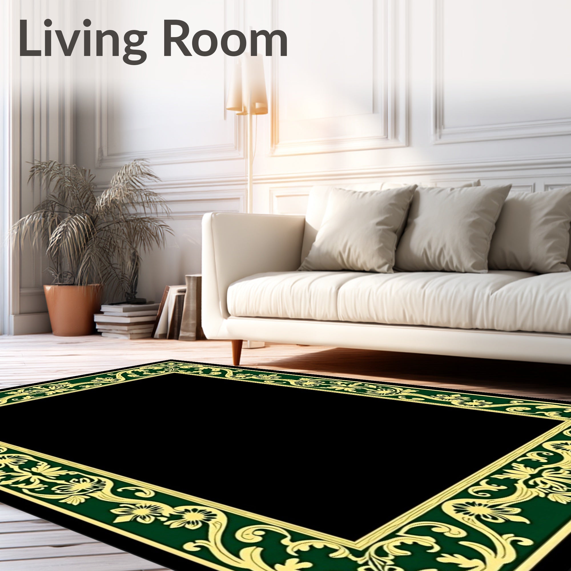 Antique Gold Green Floral Scroll Frame Rug