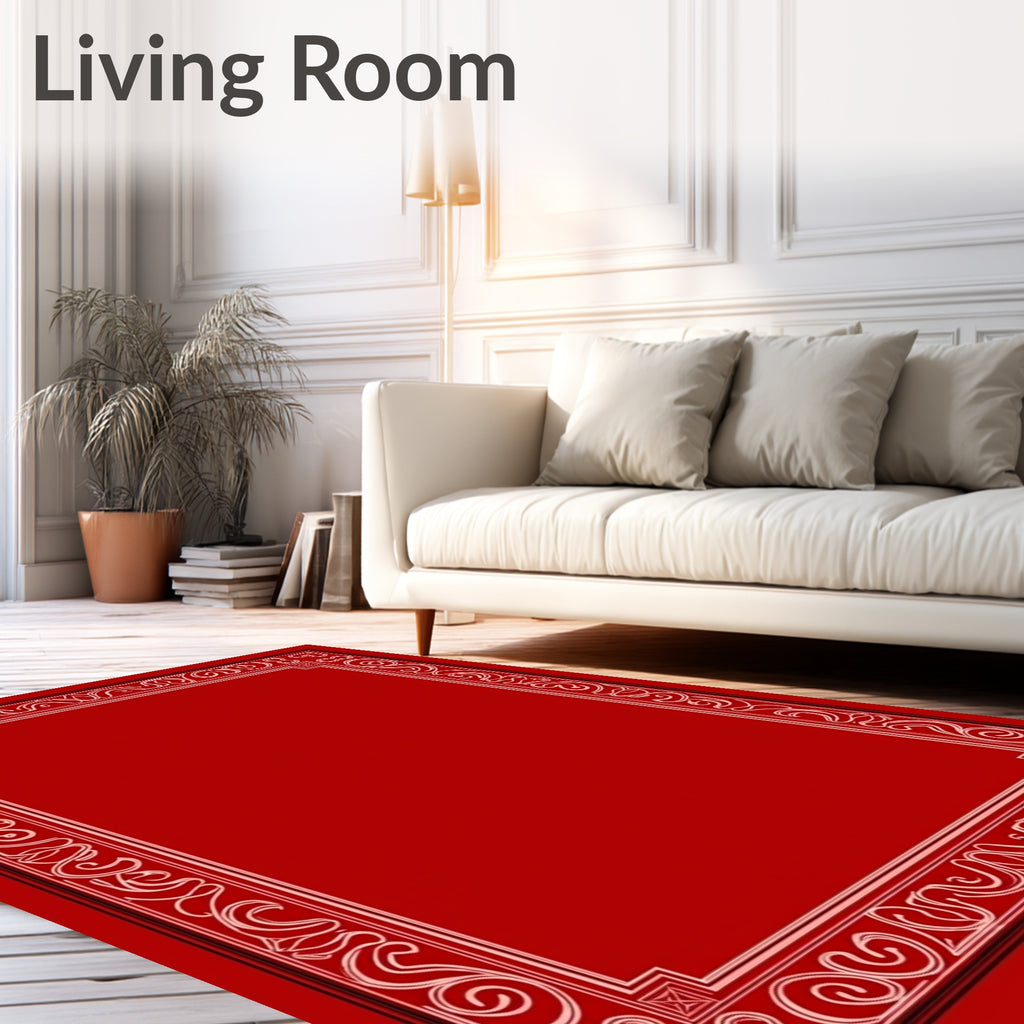 Elegant Red Border Scrollwork Rectangle Rug