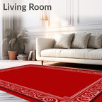 Elegant Red Border Scrollwork Rectangle Rug
