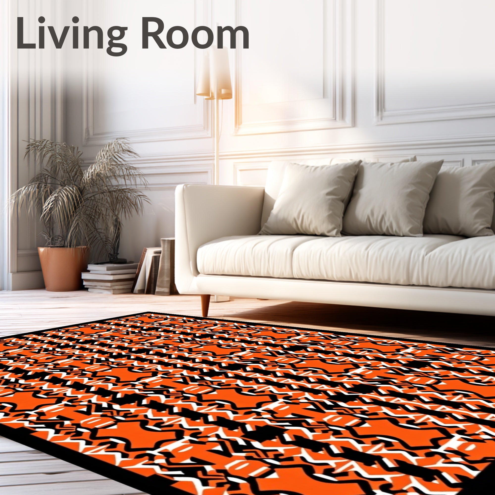 Orange Black White Geometric Interlocking Forms Rug