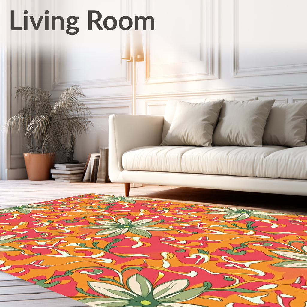 Vibrant Coral Green Floral Swirl Rug