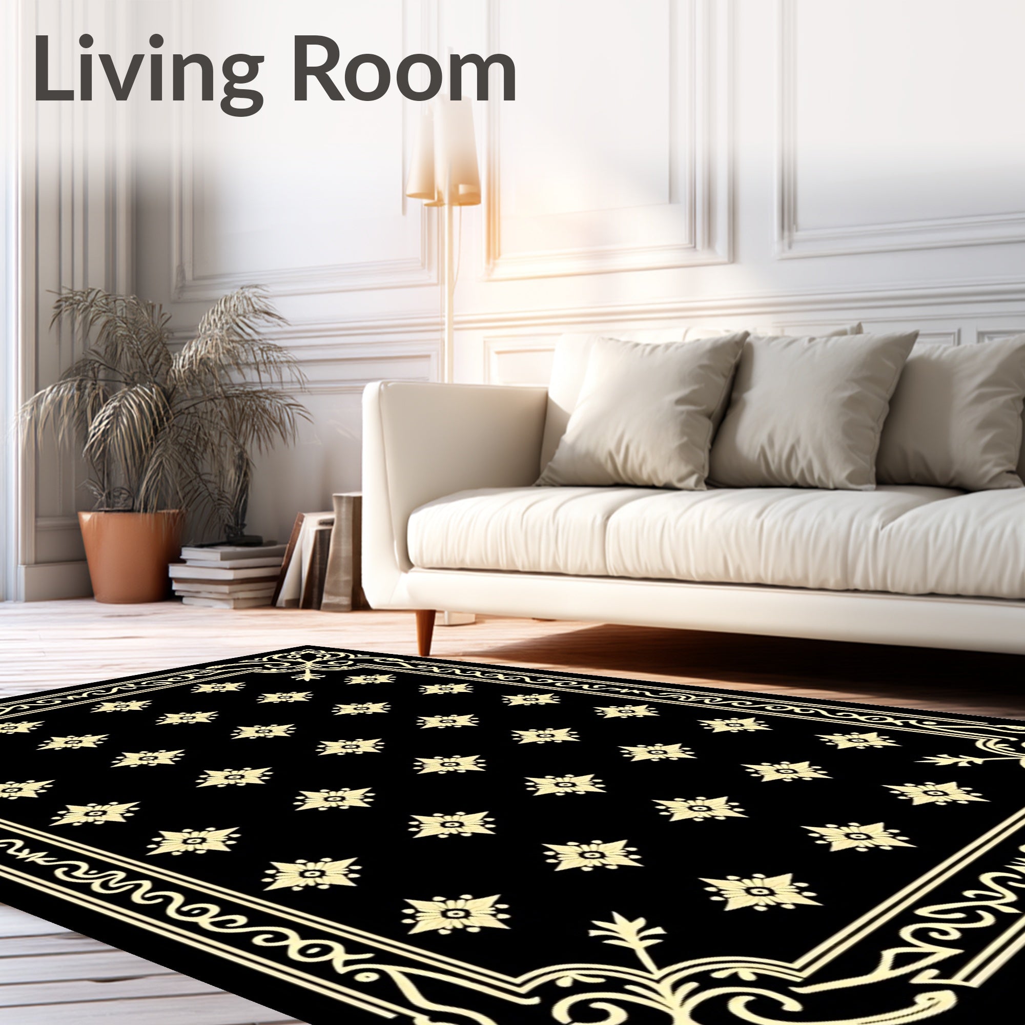 Black Golden Floral Square Medallion Rug