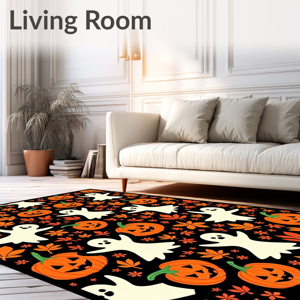 Spooky Ghost Pumpkin Autumn Leaves Rug