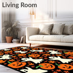 Spooky Ghost Pumpkin Autumn Leaves Rug