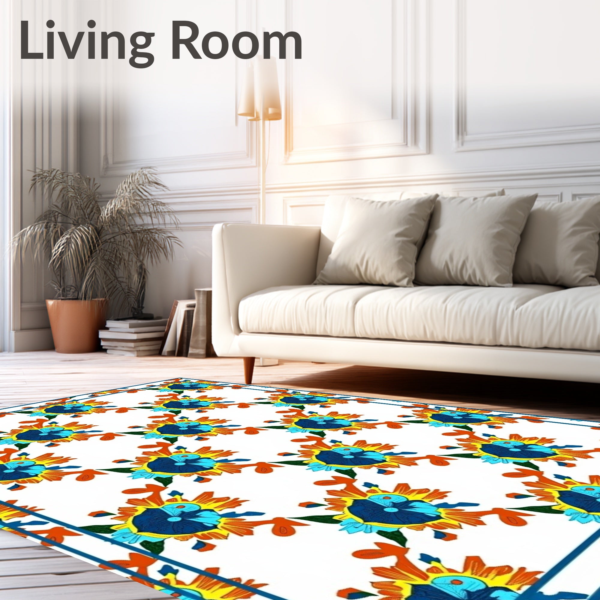 Vibrant Blue Yellow Floral Sunburst Rug