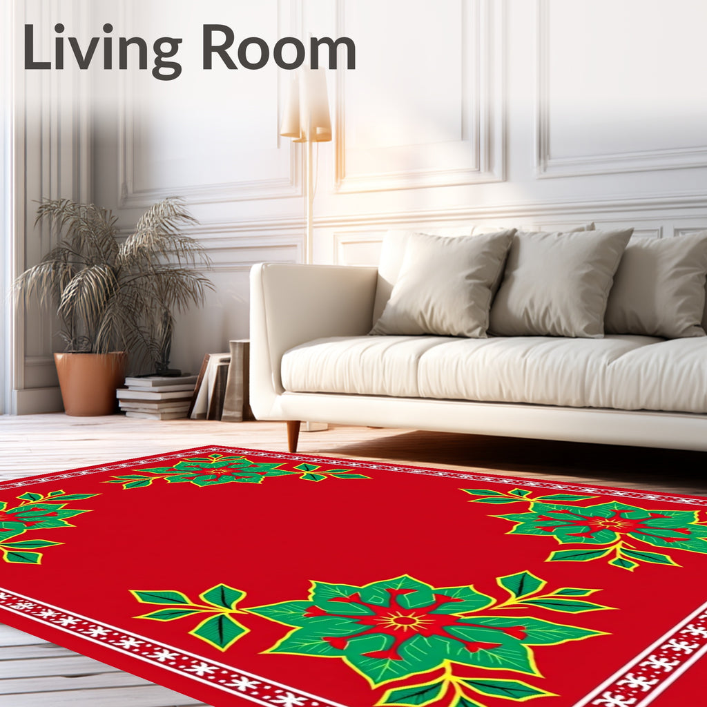 Festive Red Poinsettia Corner Garland Rug