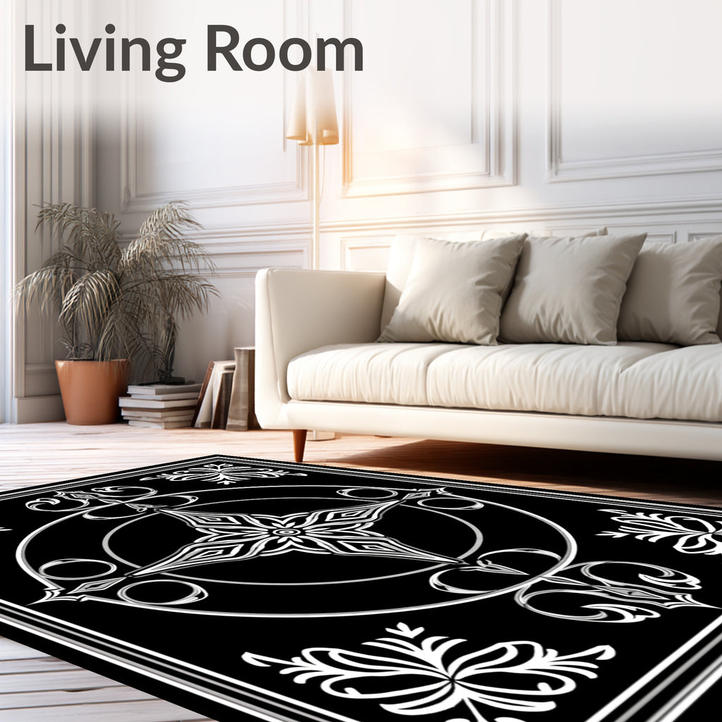 Ornate Black White Starburst Medallion Rug