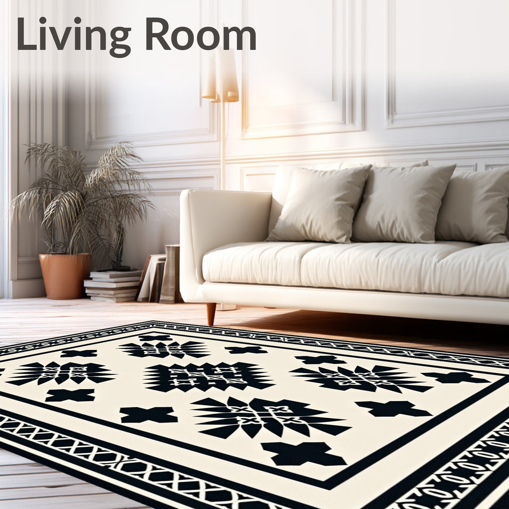 Black White Geometric Medallion Sunburst Rug