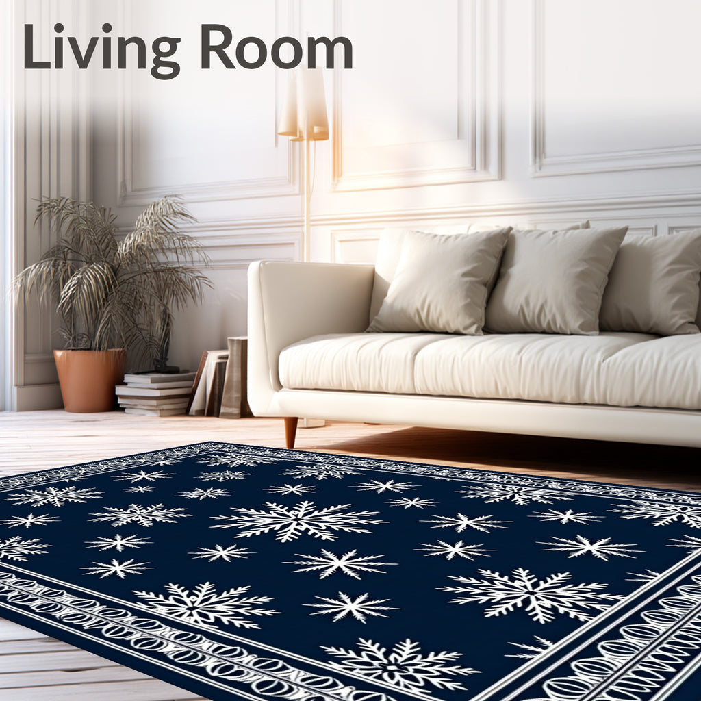 Deep Blue White Snowflake Scatter Border Rug