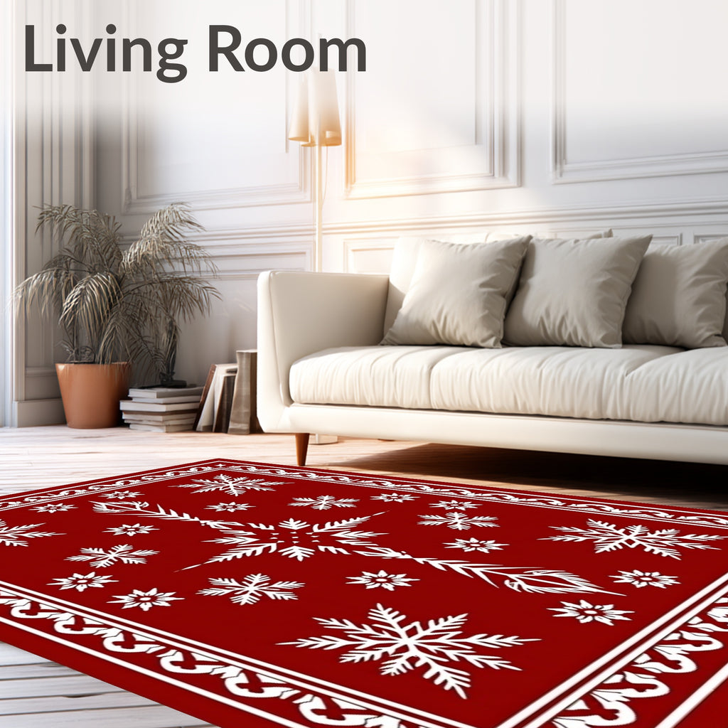 Crimson White Snowflake Wonderland Rug