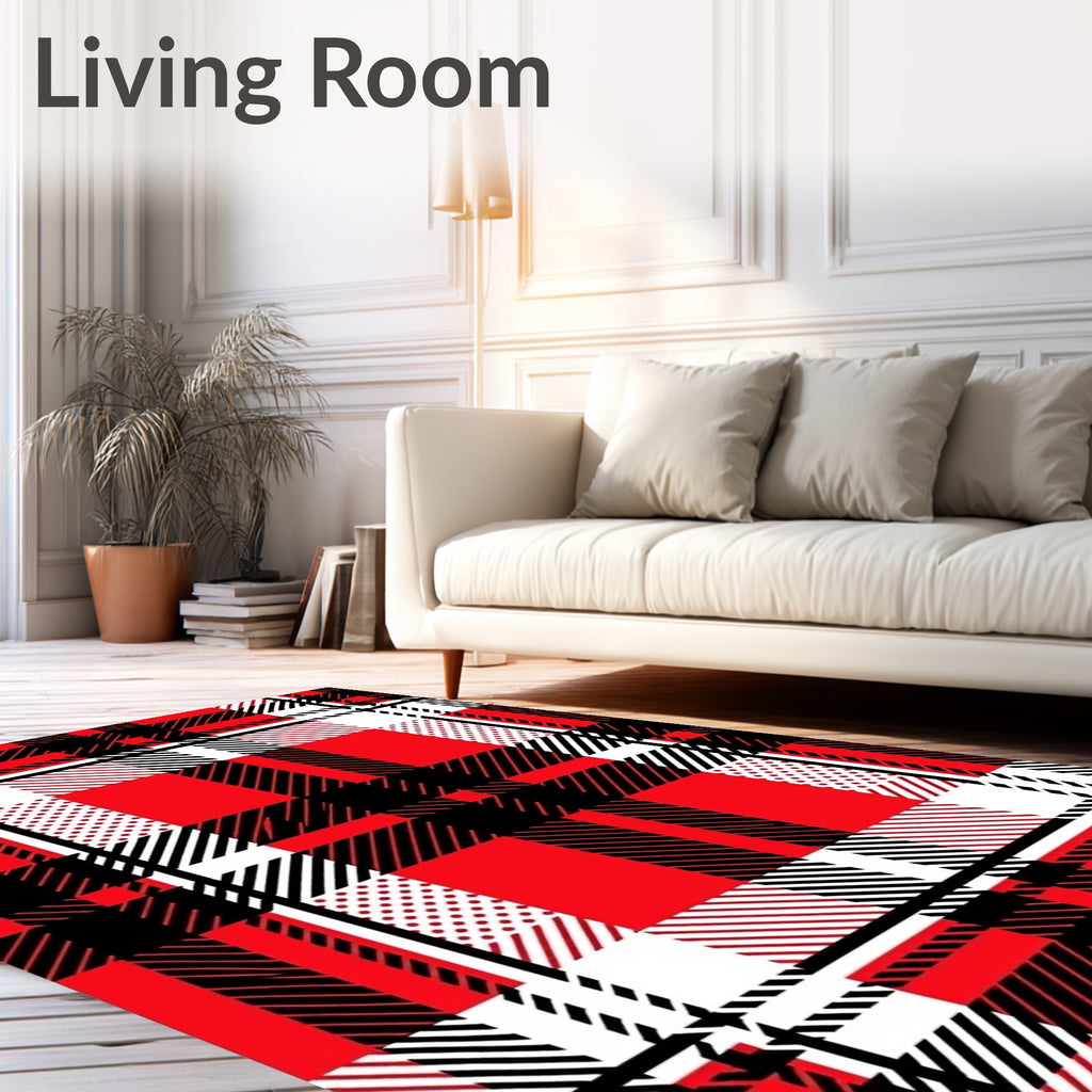 Bold Red Black Plaid Geometric Lines Rug