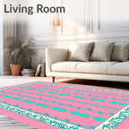 Pink Teal Leaf Vine Border Rug