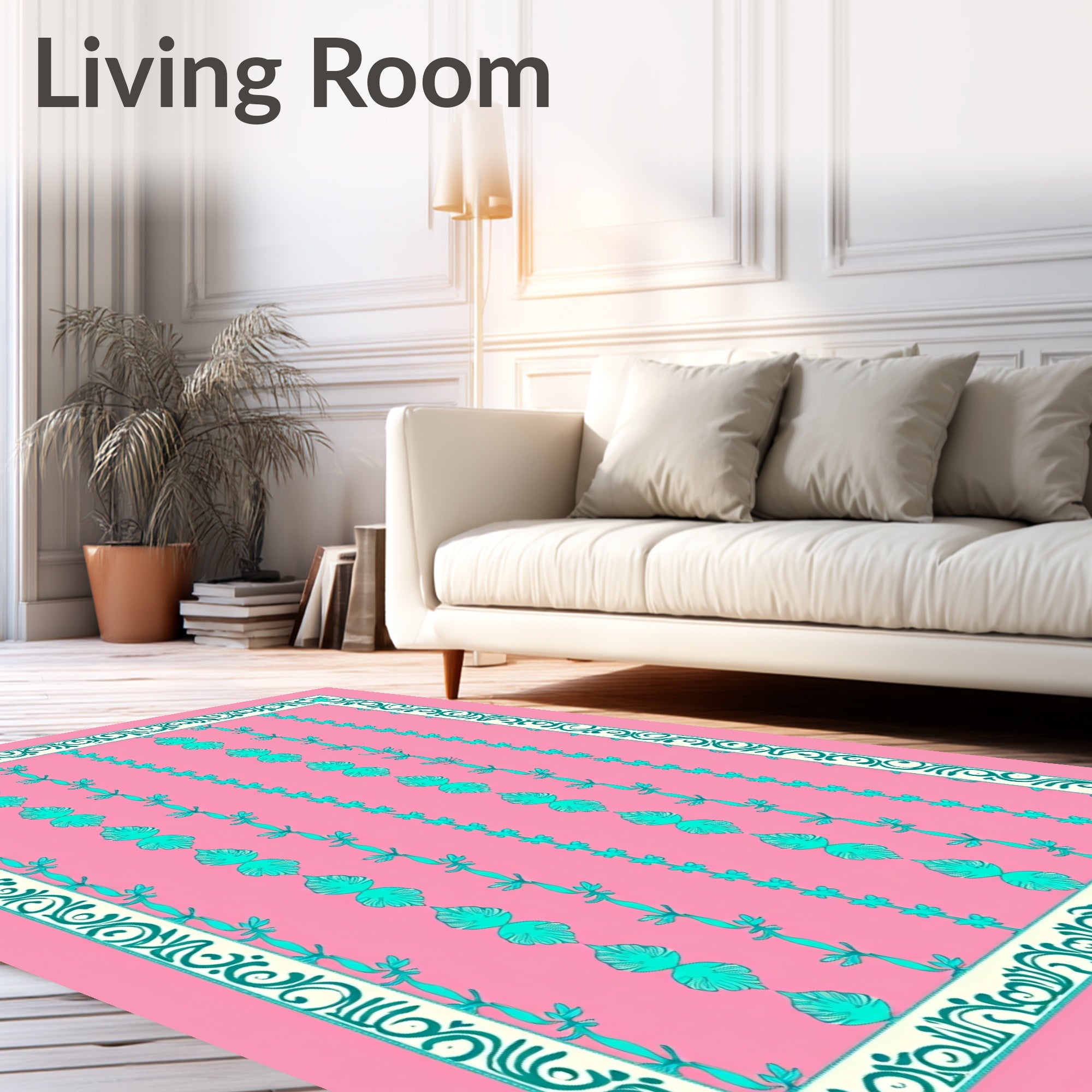 Pink Teal Leaf Vine Border Rug
