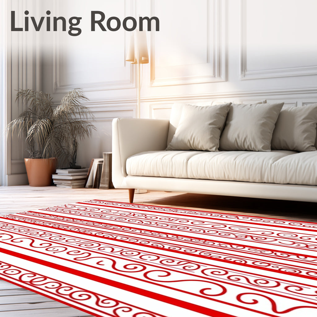Crimson Red Vertical Swirl Border Rug