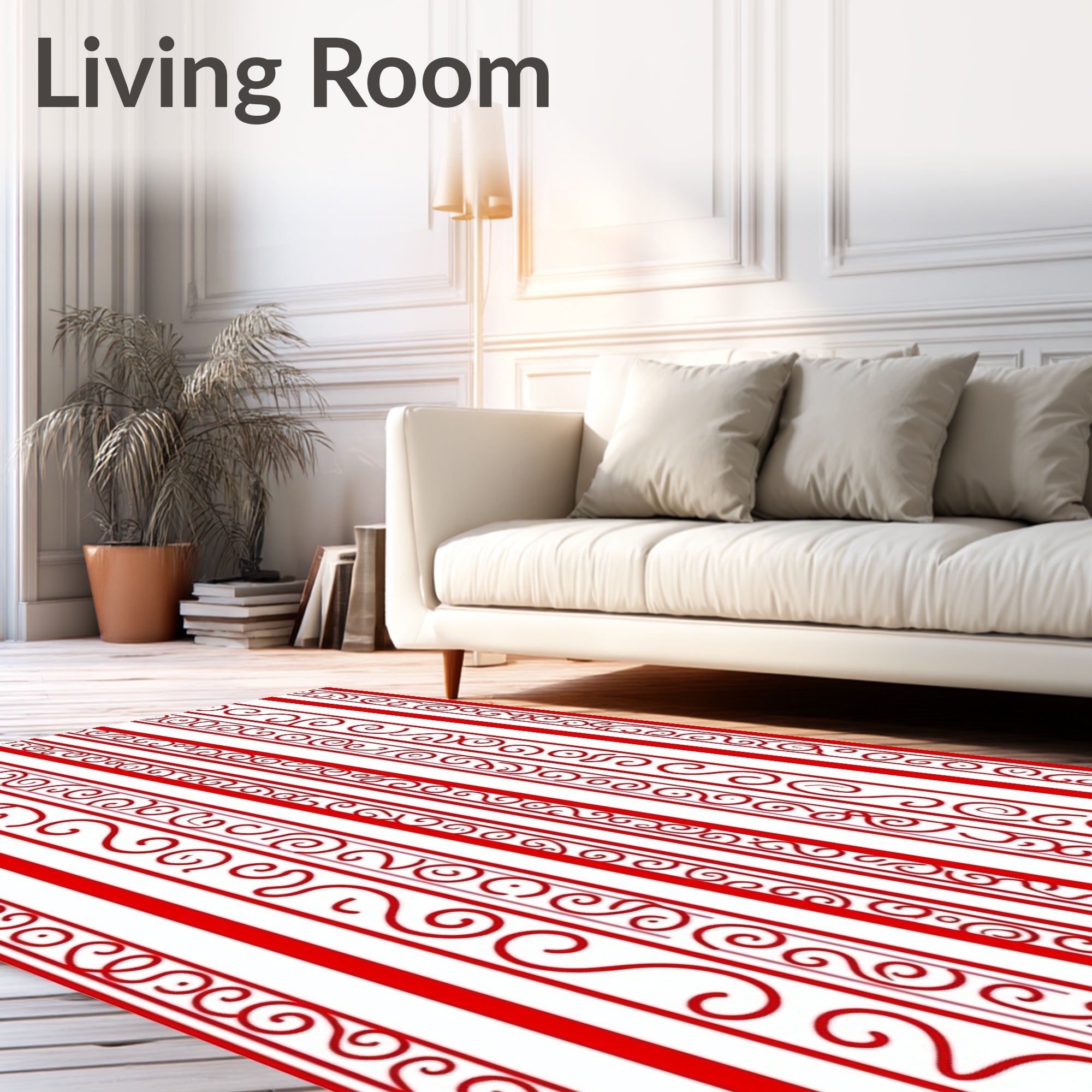 Crimson Red Vertical Swirl Border Rug