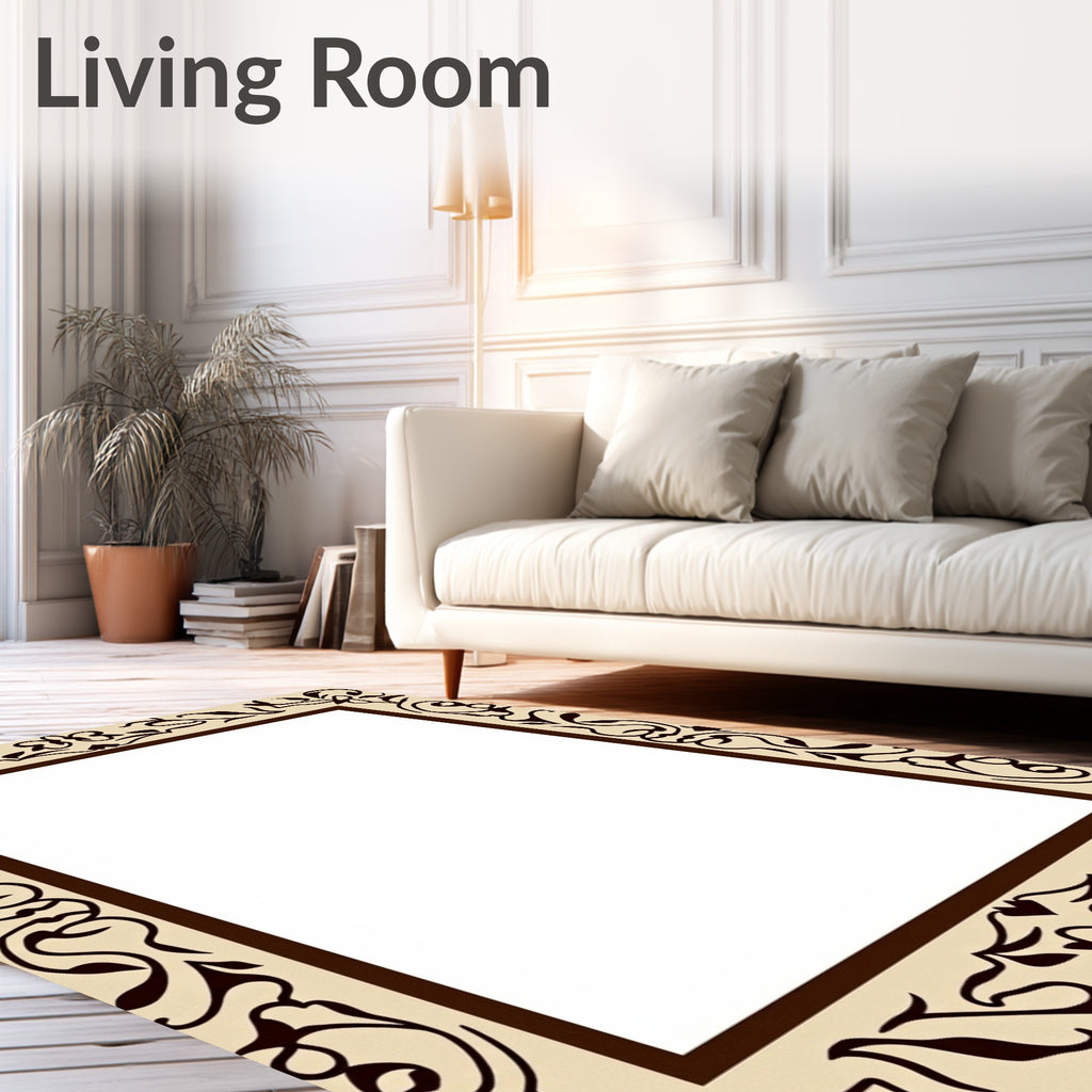 Beige Brown Floral Scroll Frame Rug