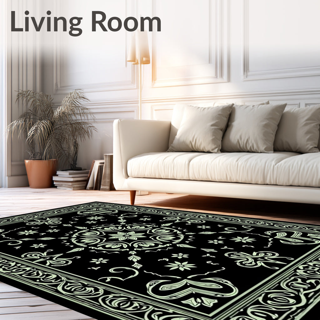 Black Mint Floral Medallion Border Art Rug