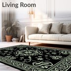 Black Mint Floral Medallion Border Art Rug